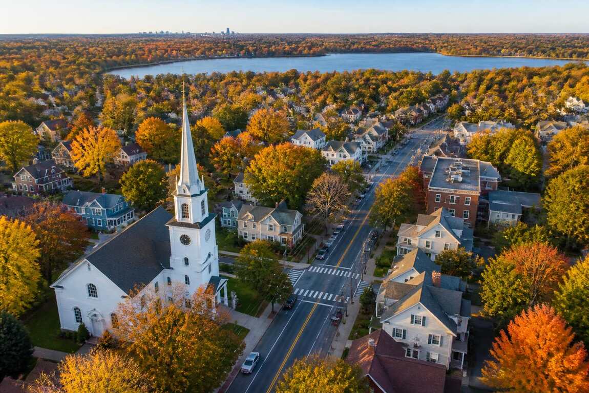 Aerial view of Arlington, Massachusetts in autumn