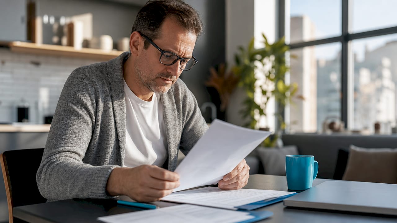 Homeowner reviewing insurance documents at kitchen table