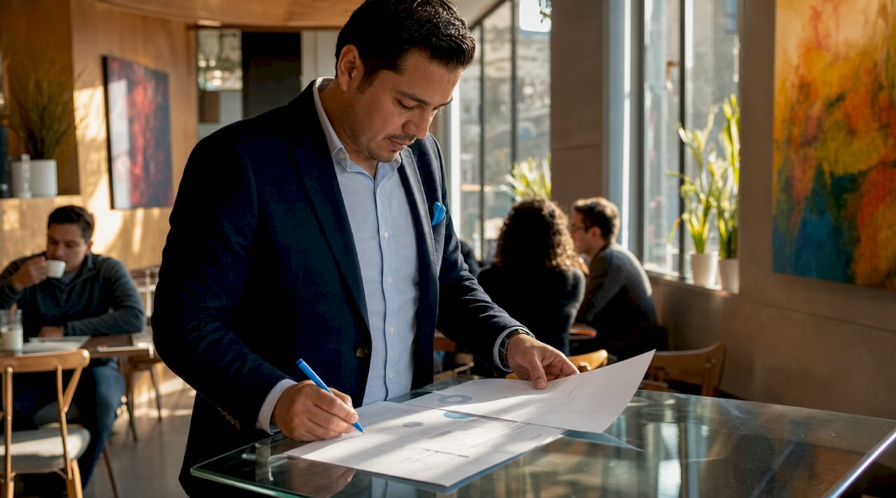 Man reviewing commercial auto insurance documents in office