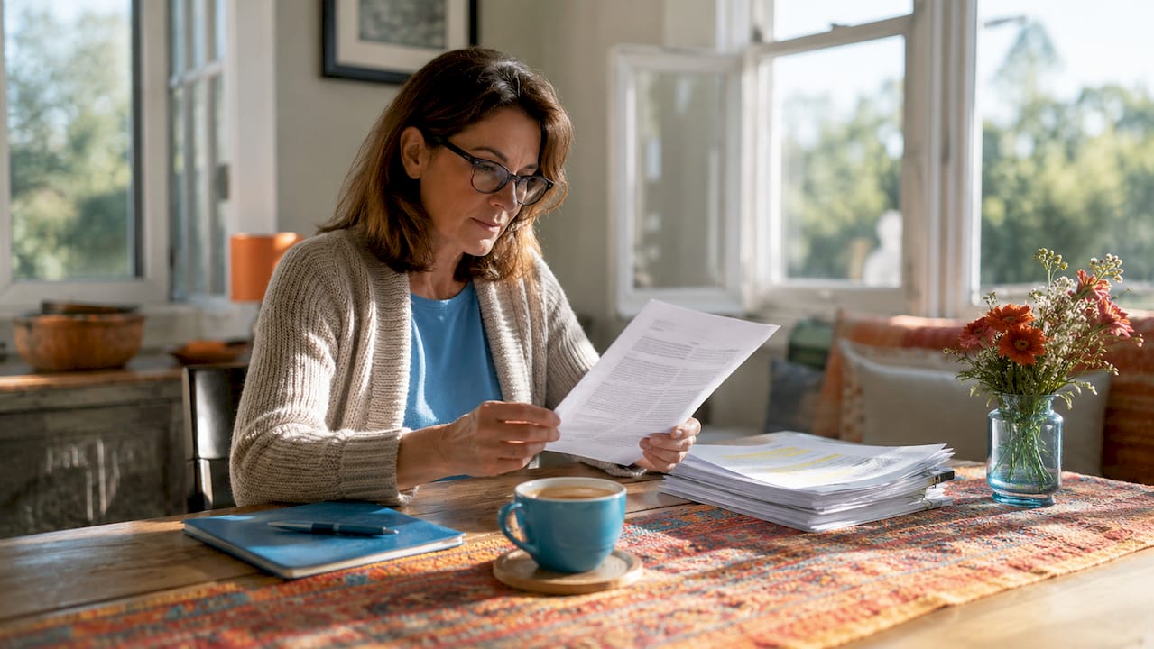 Woman reviewing auto insurance policy documents