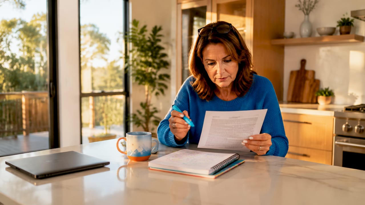 Homeowner reviewing home insurance policy at table