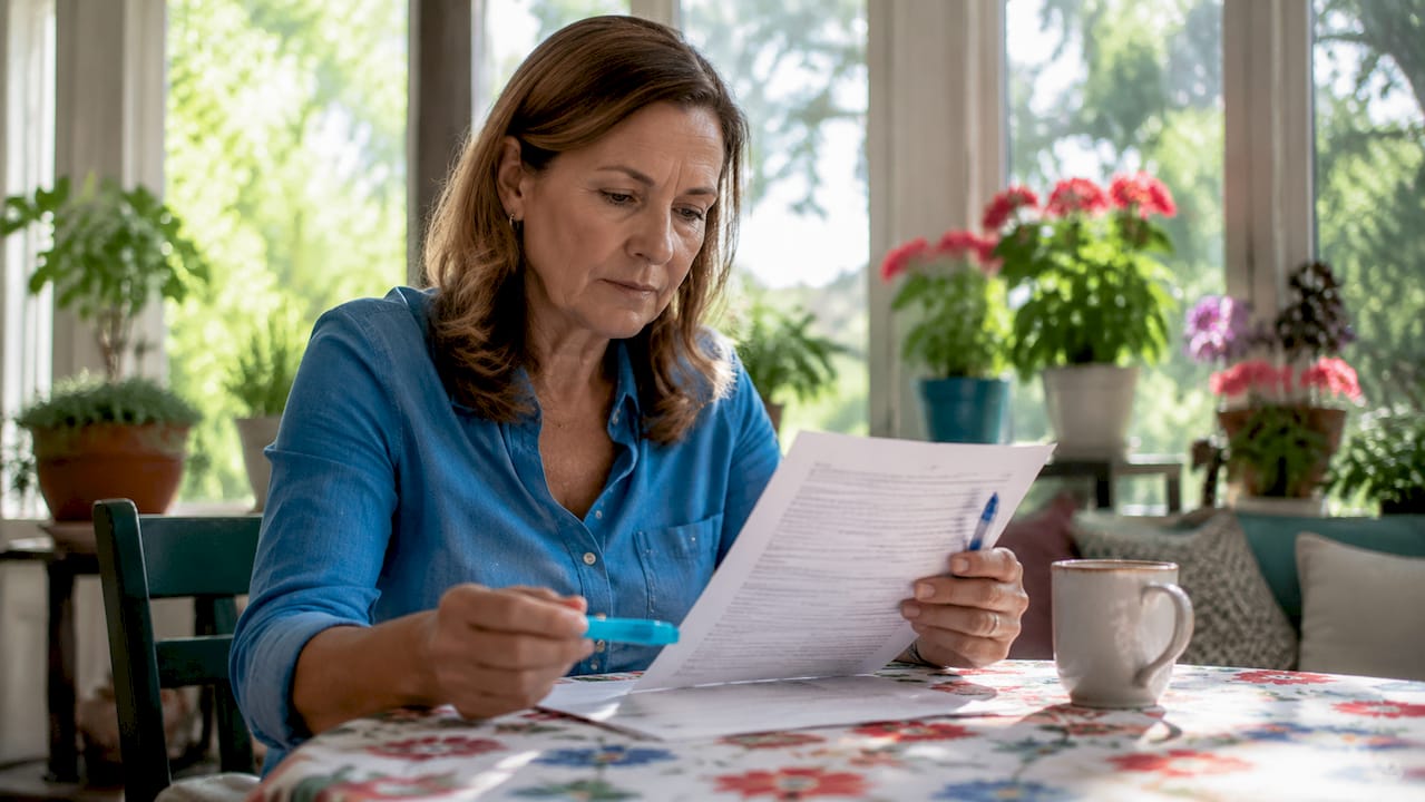 Woman reviewing auto insurance documents at home desk