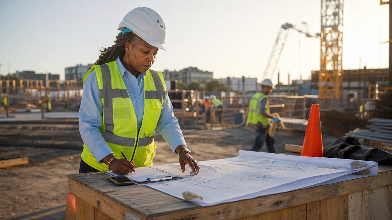 Construction manager reviewing builders risk plans