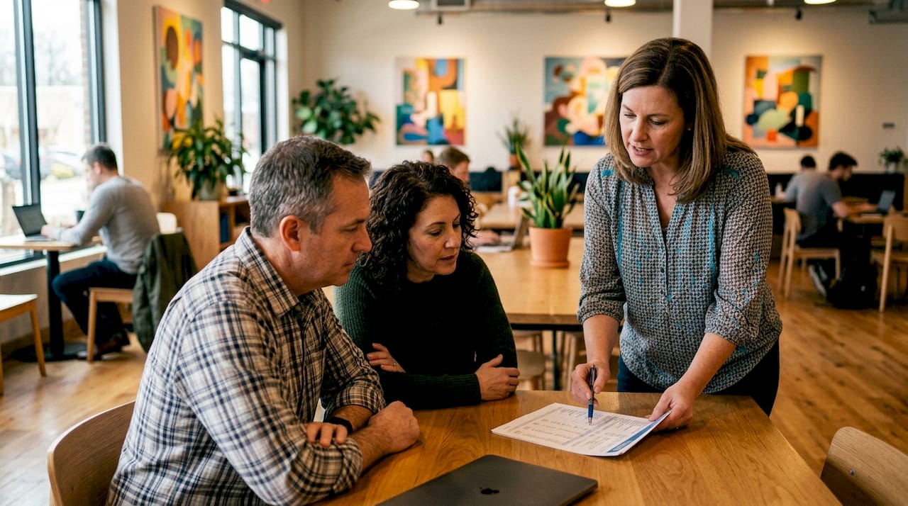 Insurance agent consulting clients in office