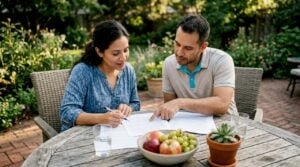 Couple reviewing insurance documents at kitchen table