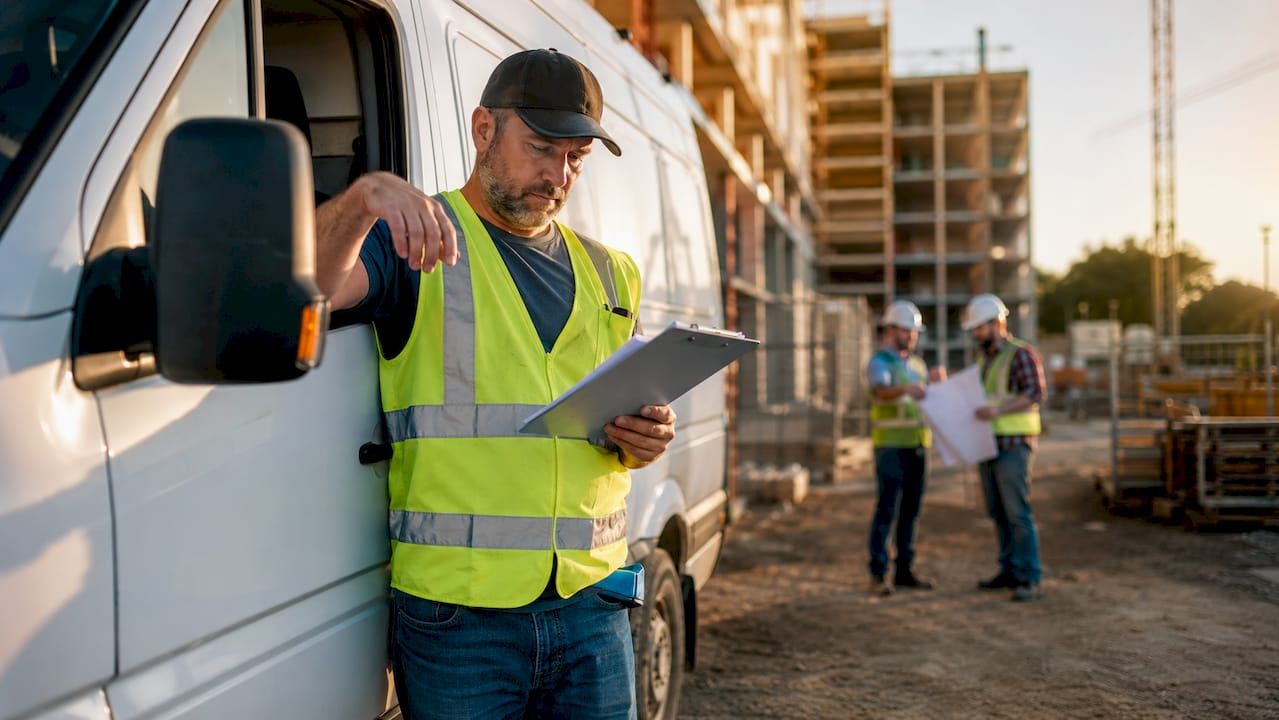 Contractor reviewing auto insurance in van