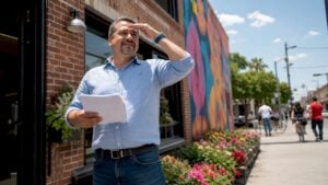 Business owner reviewing commercial property insurance outside storefront