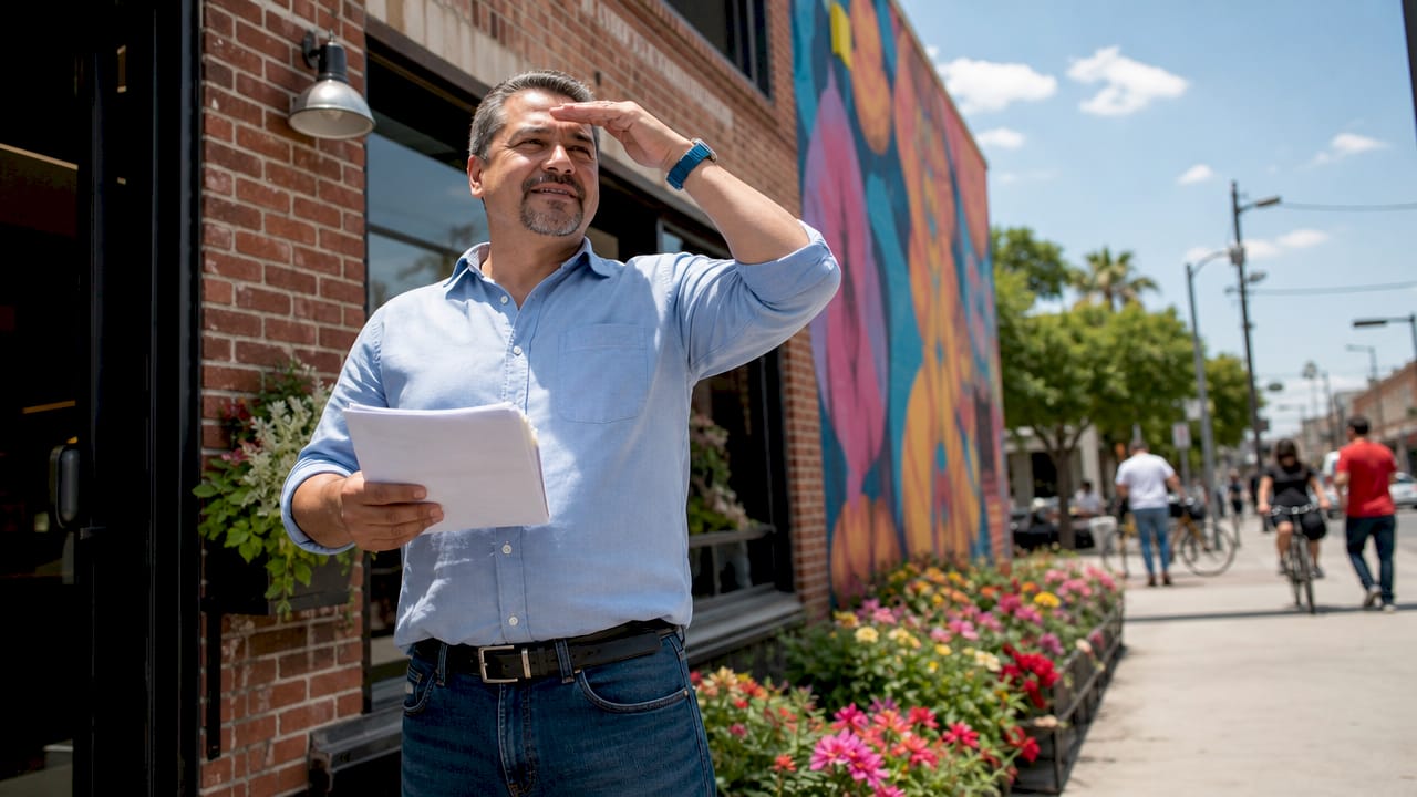 Business owner reviewing commercial property insurance outside storefront