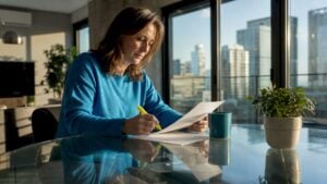 Homeowner reviewing insurance policy at kitchen table