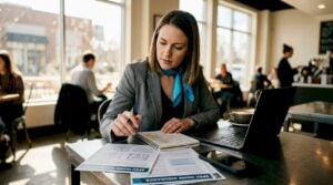 Agent reviewing spec home insurance paperwork