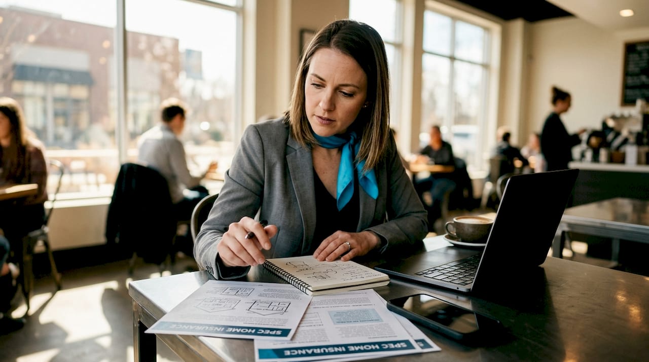 Agent reviewing spec home insurance paperwork