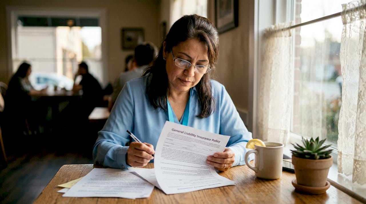 Small business owner reviewing insurance policy