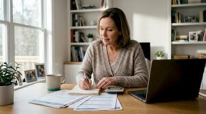 Homeowner reviewing insurance papers at kitchen table