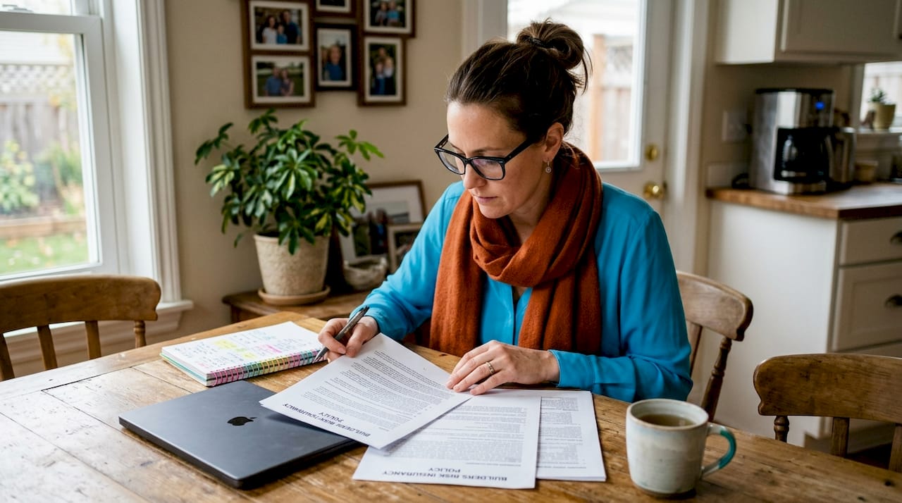 Insurance professional reviewing builders risk policy documents
