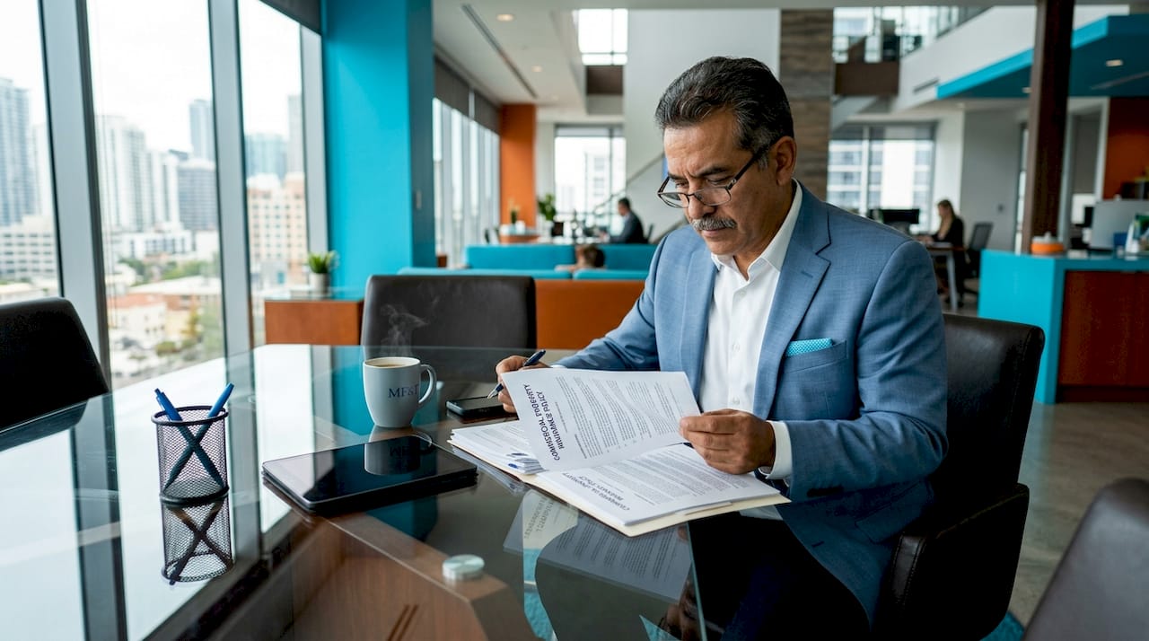 Business owner reviewing insurance papers