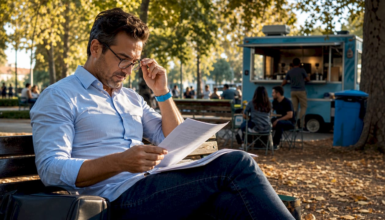 Business owner reviewing commercial auto insurance documents