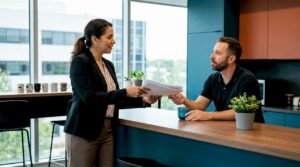Insurance agent handing policy papers to client