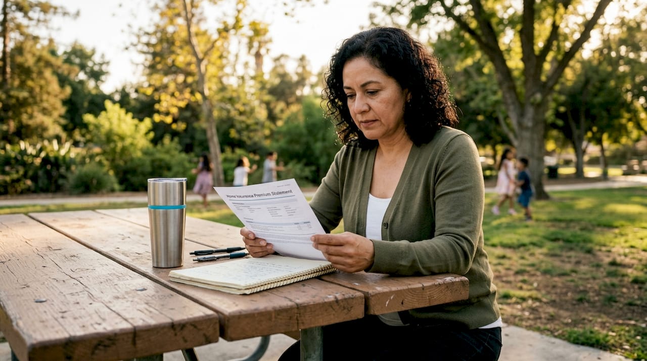 Woman reviewing home insurance premium document