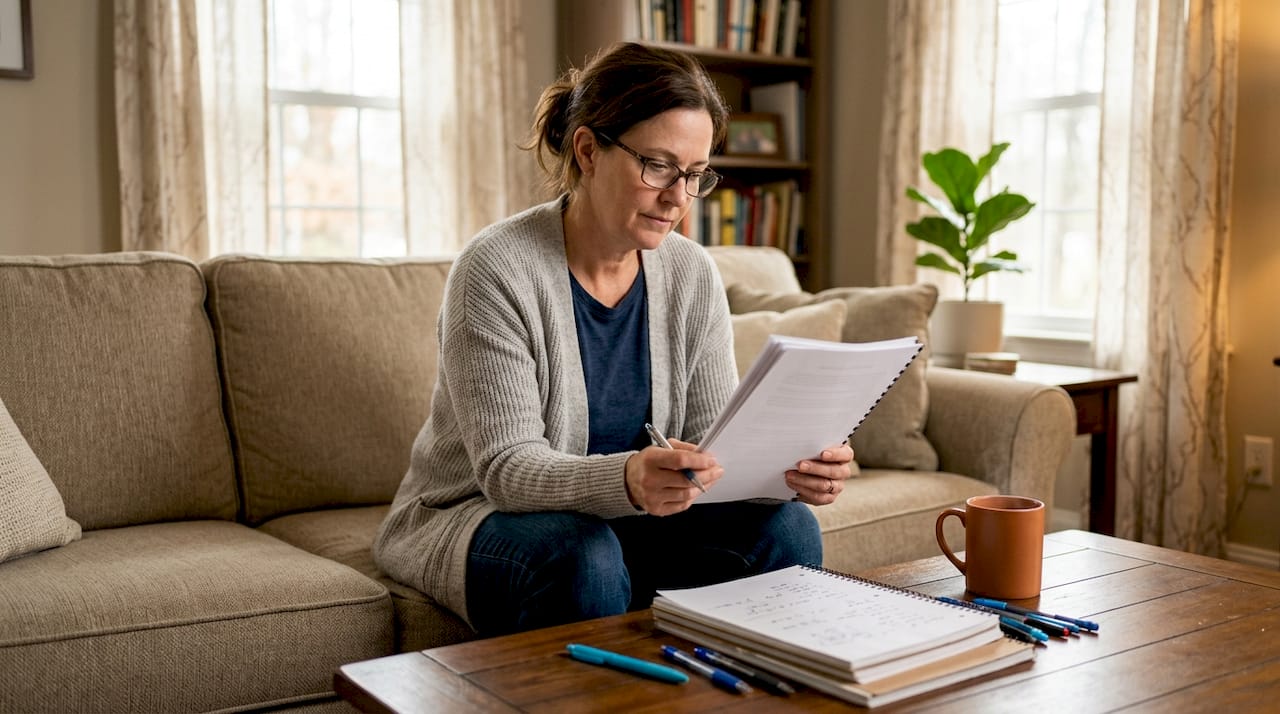 Woman reading home insurance policy at table
