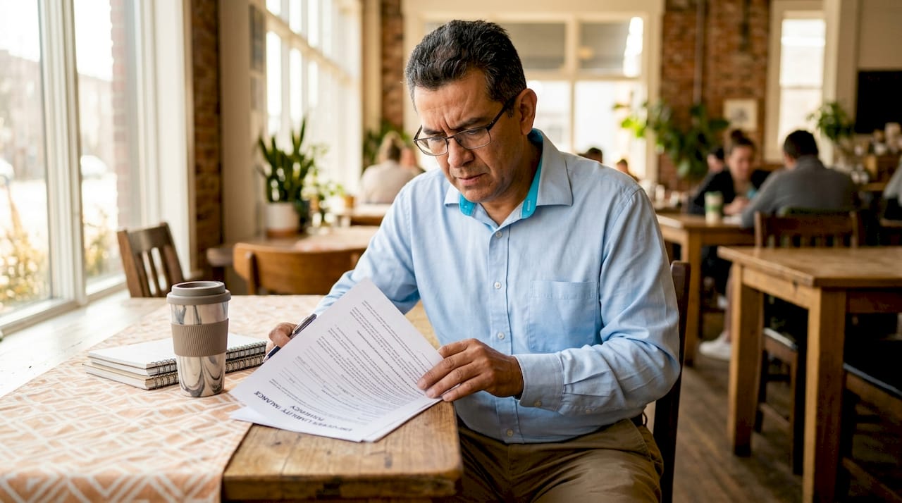 Business owner reviewing insurance paperwork