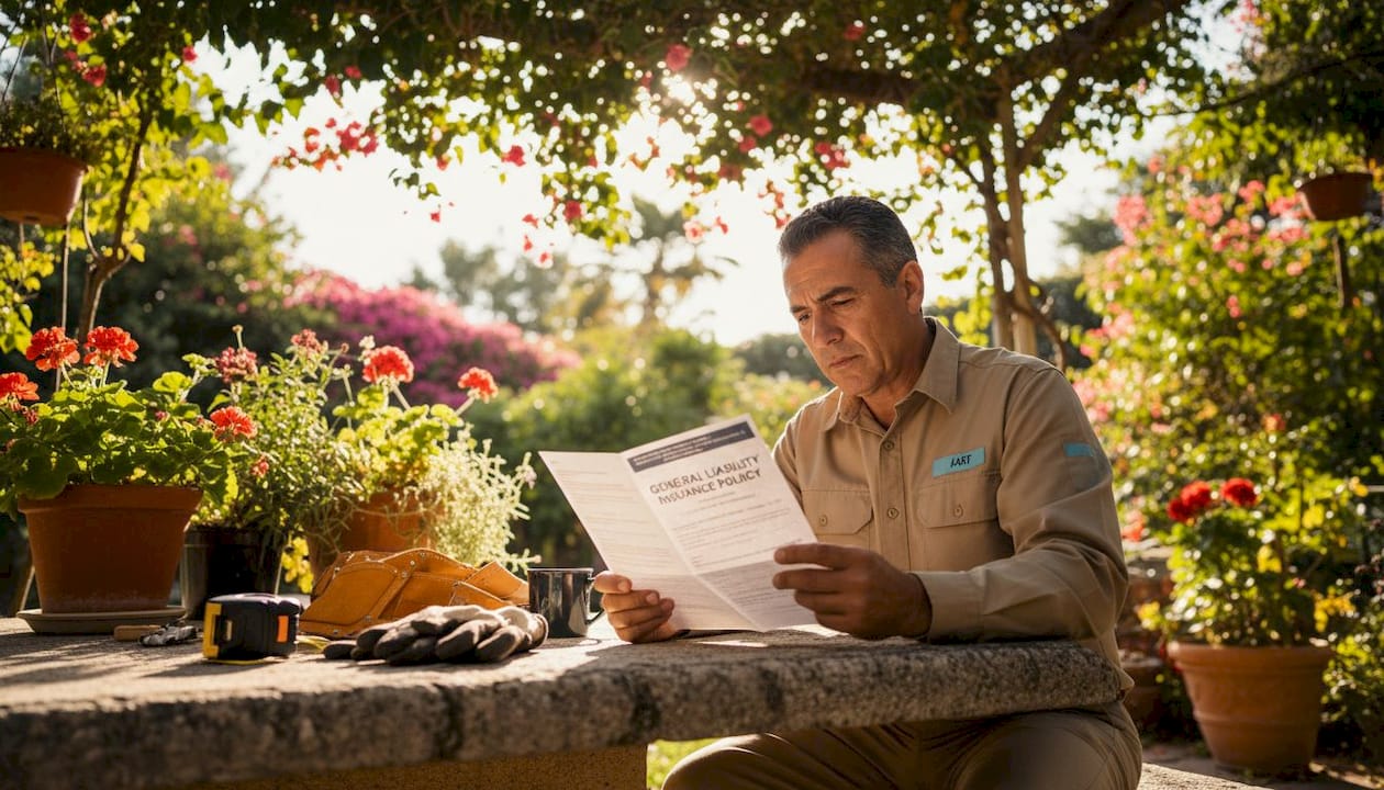 Contractor reviewing insurance policy paperwork