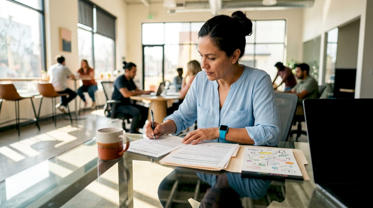 Small business owner reviewing insurance policy documents