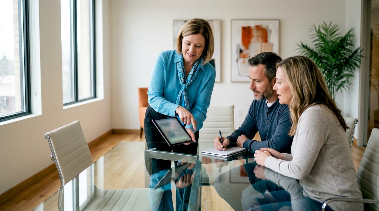 Insurance agent consulting couple in office