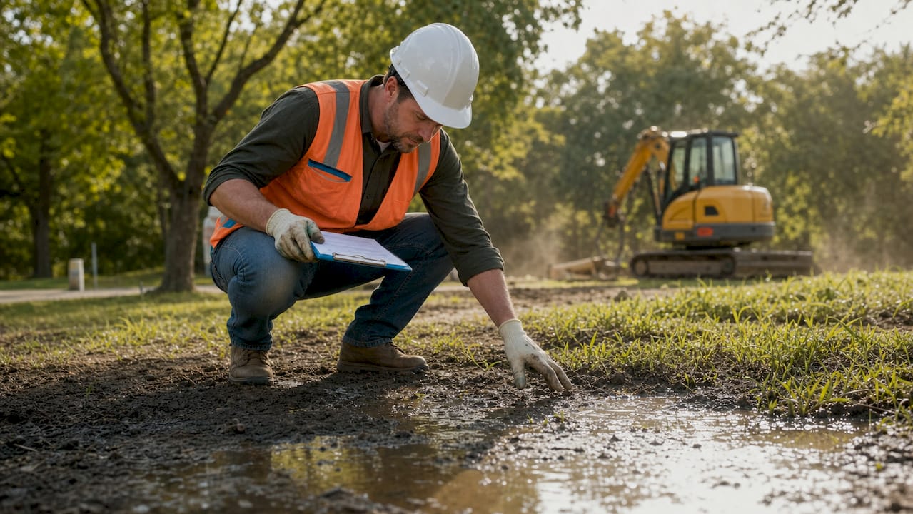 Environmental consultant inspecting construction pollution