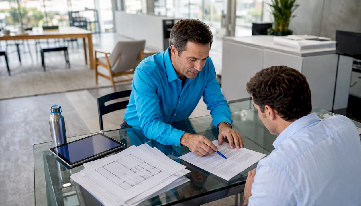 Property developer reviewing commercial insurance documents