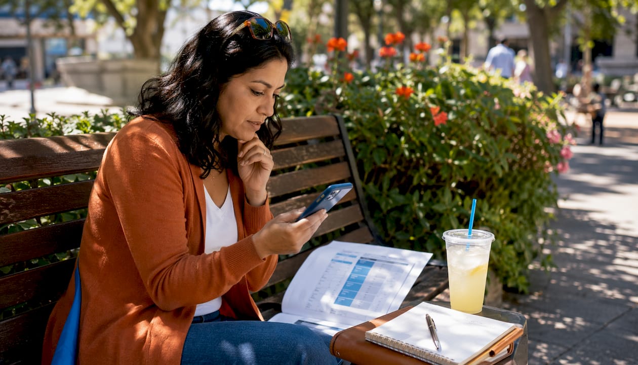 Woman comparing insurance options at cafe table outdoors