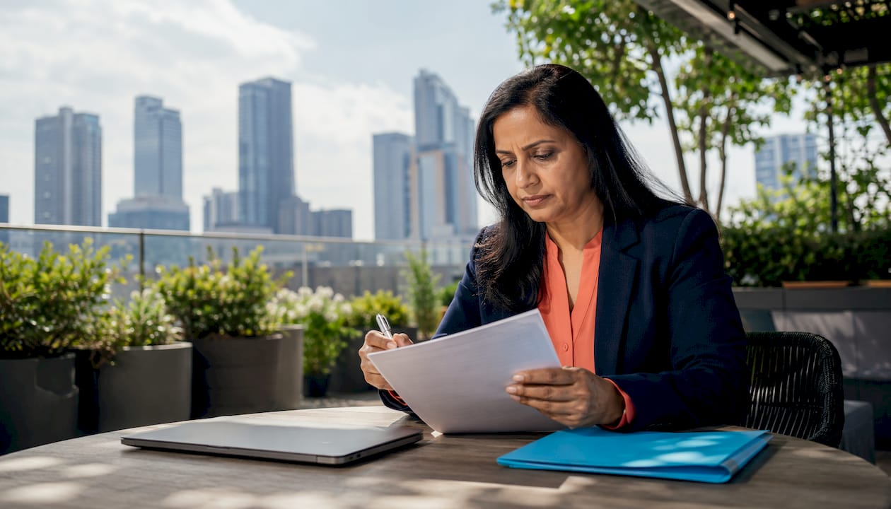 Businesswoman reviewing contractual liability insurance document