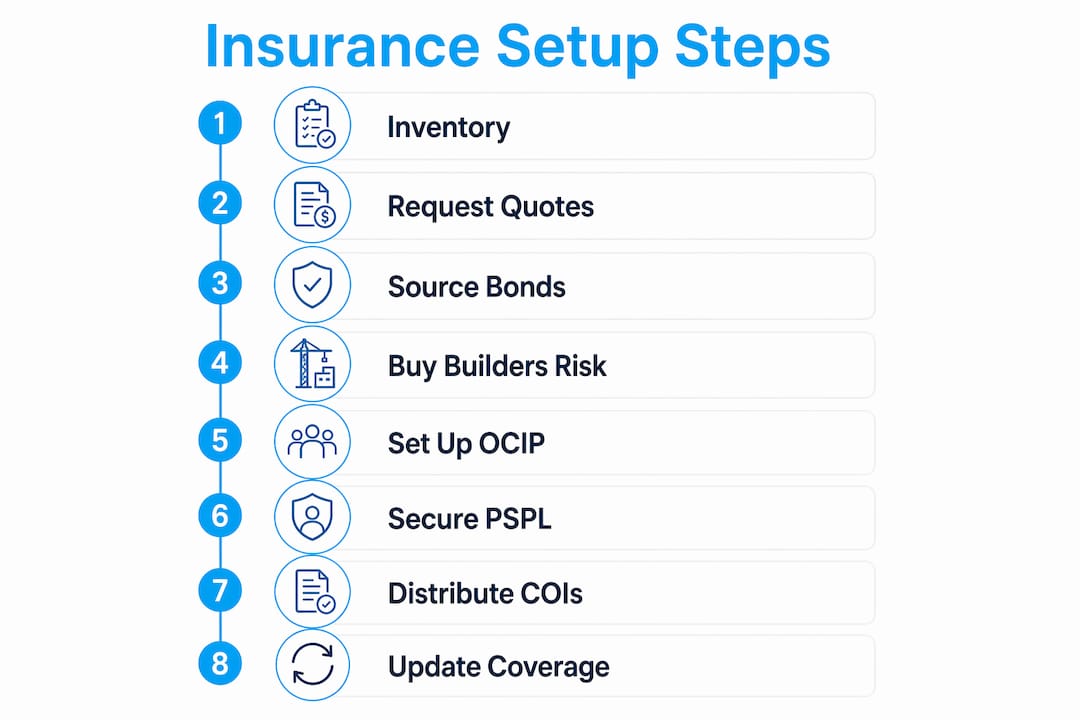 Infographic illustrating construction insurance setup steps
